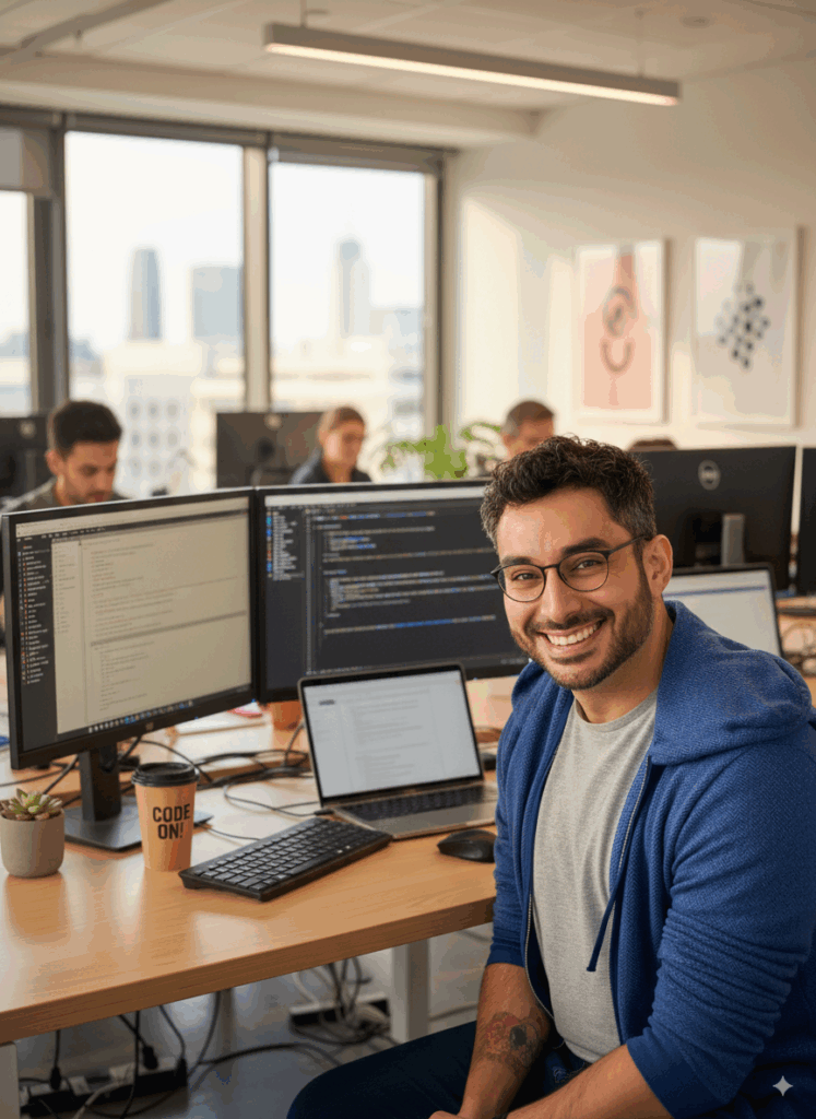 Jaime Lima Neto em ambiente de escritório compartilhando experiências em Engenharia de Software